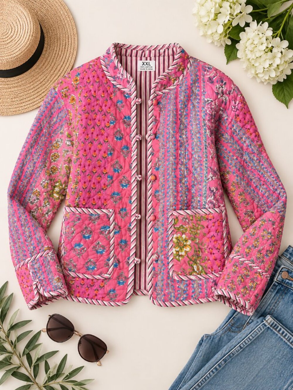 Pink Floral Quilted Cotton Jacket XXL Boho Indian Block Print Kantha Style